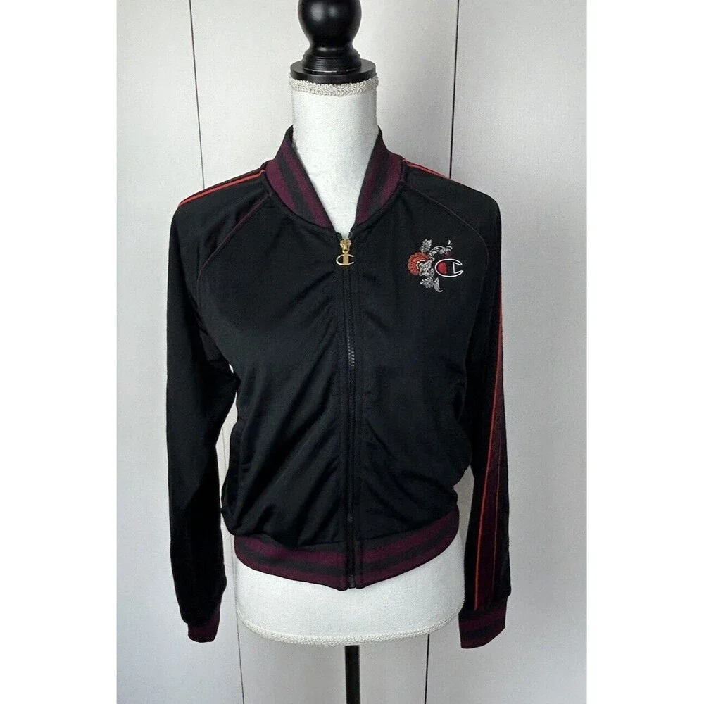 Champion Jacket Womens Sz M Black Red Purple Zip Logo Track Coat Pockets